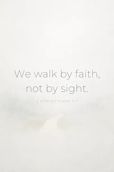 Bible verse wallpaper with 2 Corinthians 5:7 in thin sans type over pale fog on a fading path