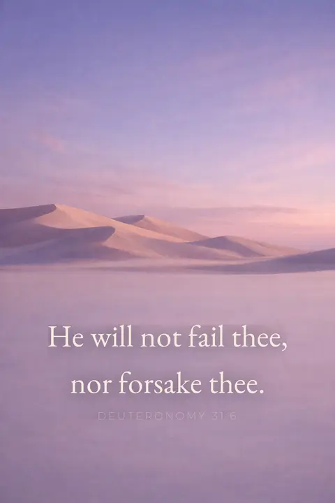 Bible verse wallpaper with Deuteronomy 31:6 in serif type over sand dunes at dusk in mauve and sand tones