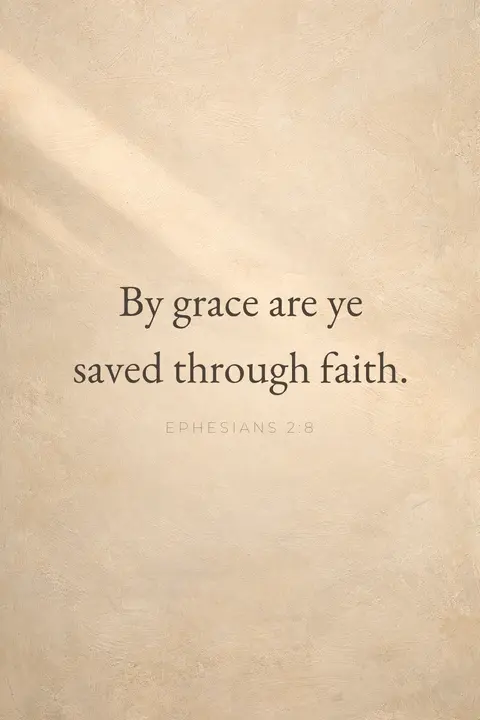 Bible verse wallpaper with Ephesians 2:8 in serif type on an ivory plaster wall with soft shadow