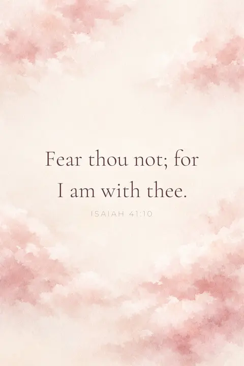 Bible verse wallpaper with Isaiah 41:10 in serif type over blush pink watercolour clouds