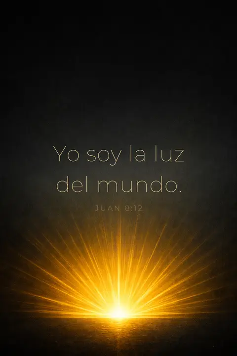 Fondo de pantalla cristiano con Juan 8:12 en tipografía dorada sobre negro con un resplandor bajo