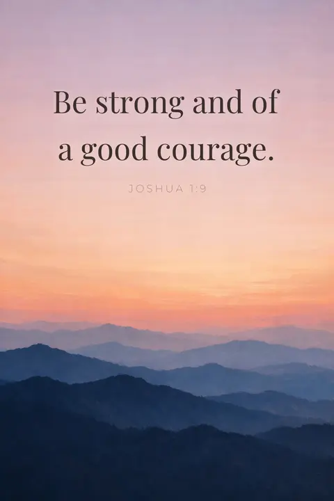 Bible verse wallpaper with Joshua 1:9 in display serif type above a mountain ridge at sunrise