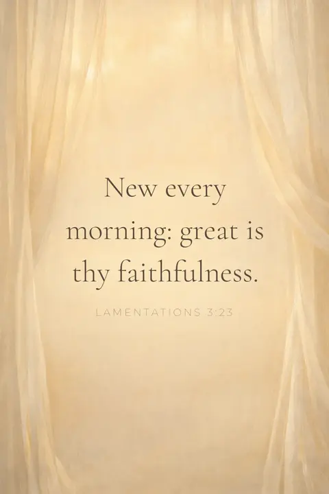 Bible verse wallpaper with Lamentations 3:23 in serif type over warm morning light through a sheer curtain