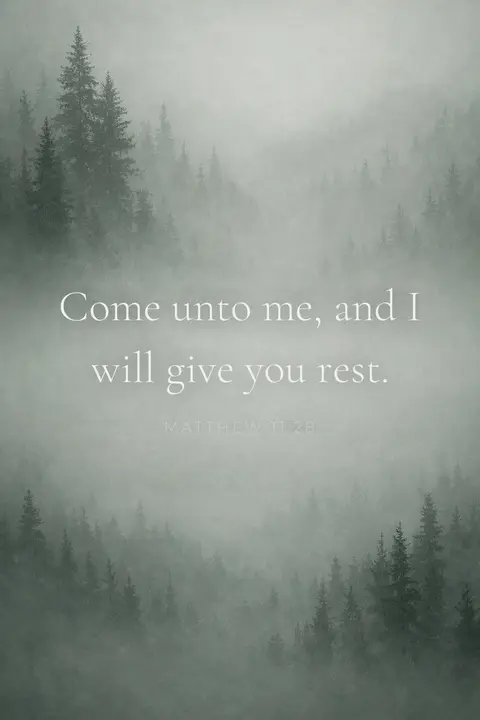 Bible verse wallpaper with Matthew 11:28 in serif type over grey green forest fog and faded pines