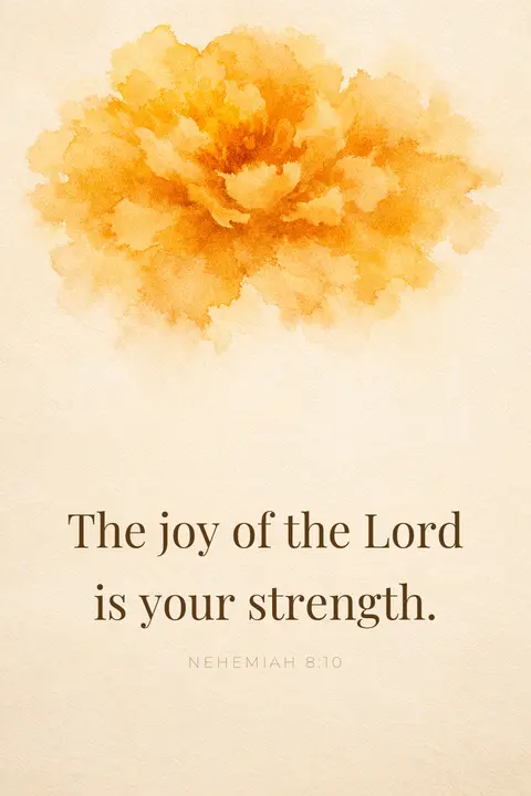 Bible verse wallpaper with Nehemiah 8:10 in display serif type over a marigold and honey watercolour bloom