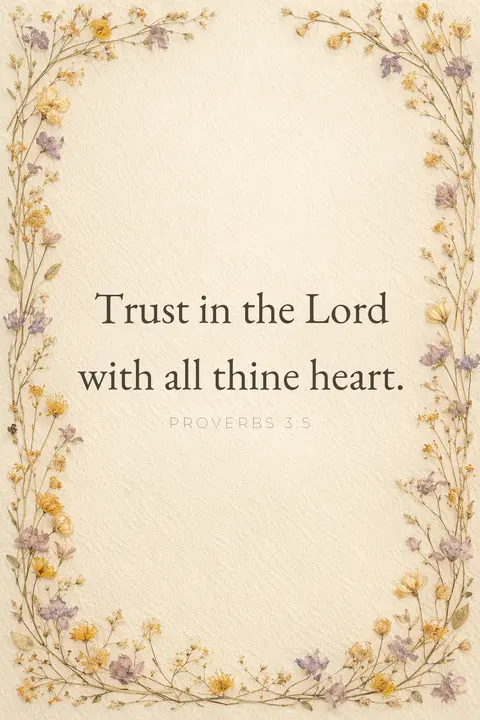 Bible verse wallpaper with Proverbs 3:5 in serif type on cream linen framed by pressed wildflowers