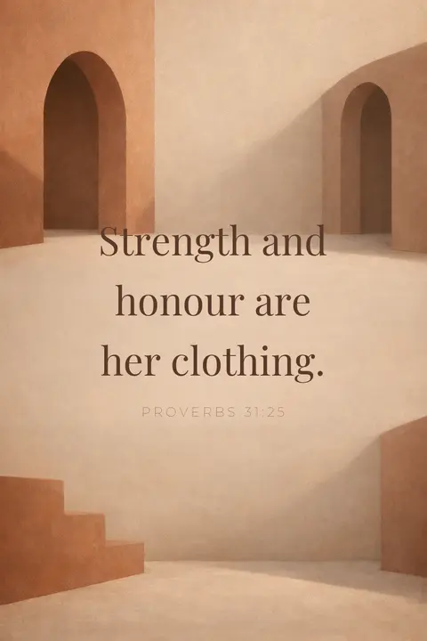 Bible verse wallpaper with Proverbs 31:25 in display serif type on matte terracotta arch shapes