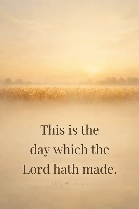 Bible verse wallpaper with Psalm 118:24 in display serif type over a golden field at sunrise