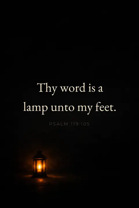 Bible verse wallpaper with Psalm 119:105 in ivory serif type on near black with a single lantern glow