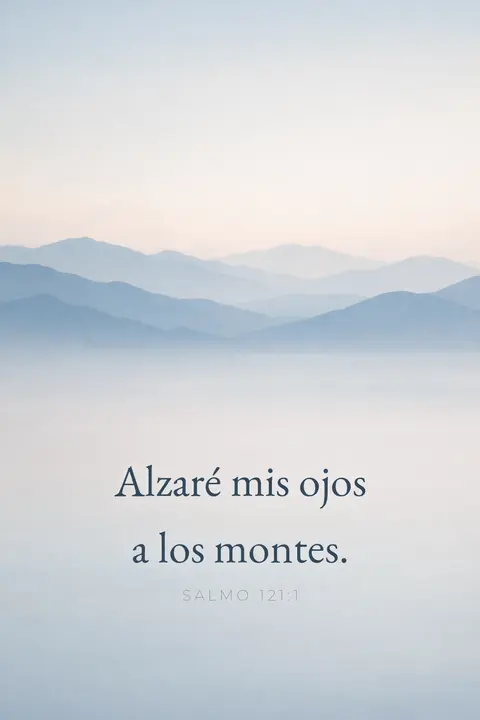 Fondo de pantalla cristiano con el Salmo 121:1 en tipografía serif sobre cordilleras azules entre bruma
