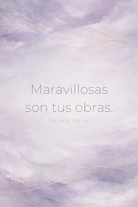 Fondo de pantalla cristiano con el Salmo 139:14 en tipografía sans fina sobre lavanda y perla con líneas doradas