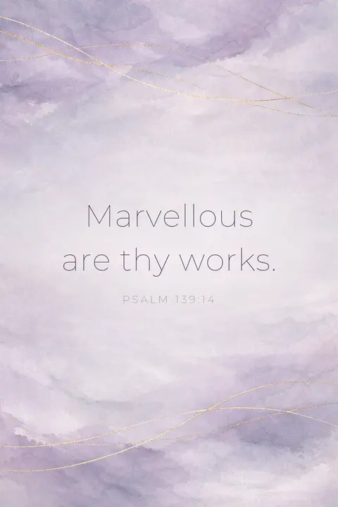 Bible verse wallpaper with Psalm 139:14 in thin sans type over a lavender and pearl abstract with fine gold lines