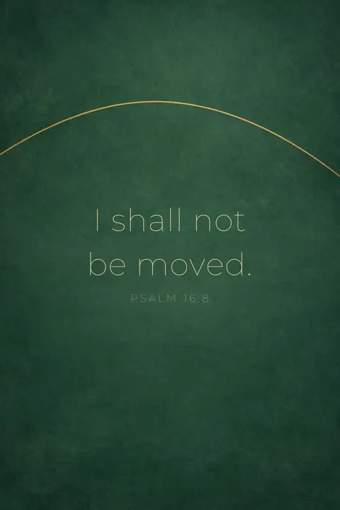 Bible verse wallpaper with Psalm 16:8 in thin sans type on deep forest green with a single gold arch line