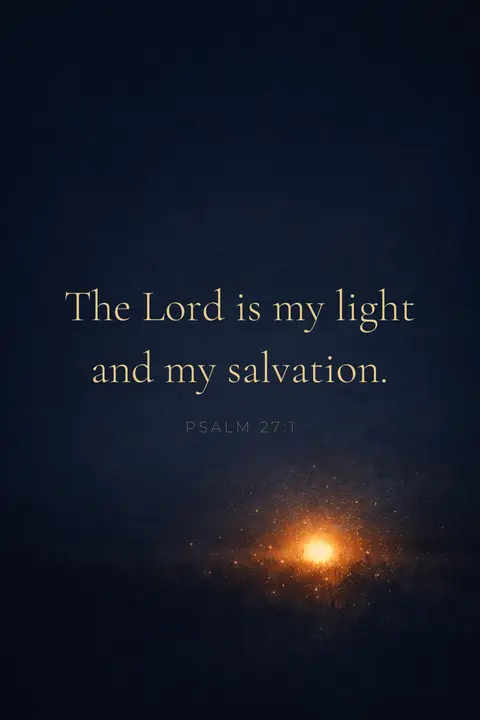Bible verse wallpaper with Psalm 27:1 in gold serif type on a deep navy night with a warm glow