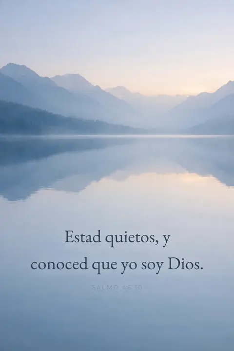 Fondo de pantalla cristiano con el Salmo 46:10 en tipografía serif sobre un lago en calma al amanecer entre bruma azul