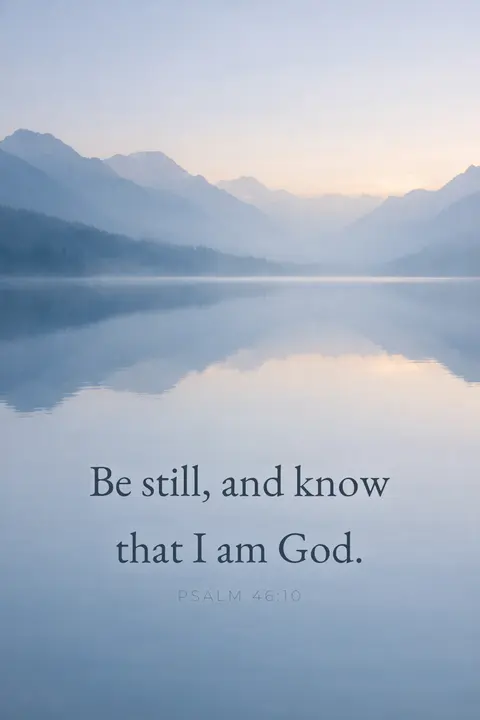 Bible verse wallpaper with Psalm 46:10 in serif type over a still lake at dawn in dusty blue mist