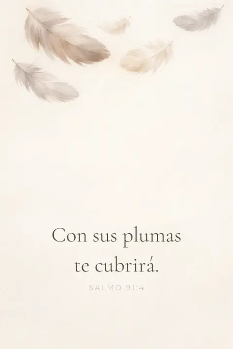 Fondo de pantalla cristiano con el Salmo 91:4 en tipografía serif sobre plumas de acuarela en tono topo