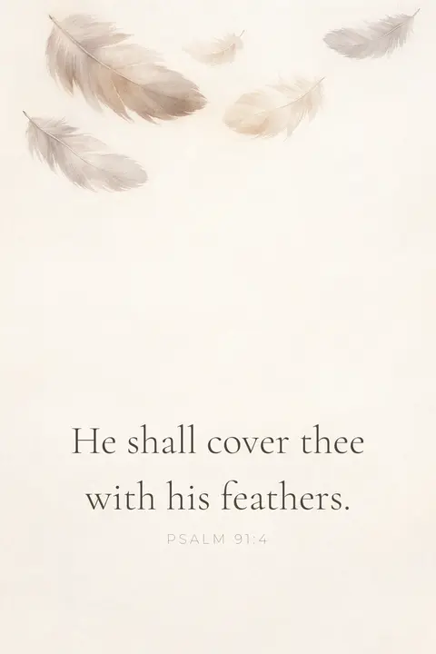 Bible verse wallpaper with Psalm 91:4 in serif type over muted taupe watercolour feathers on cream