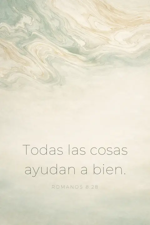Fondo de pantalla cristiano con Romanos 8:28 en tipografía sans fina sobre papel marmolado salvia y crema