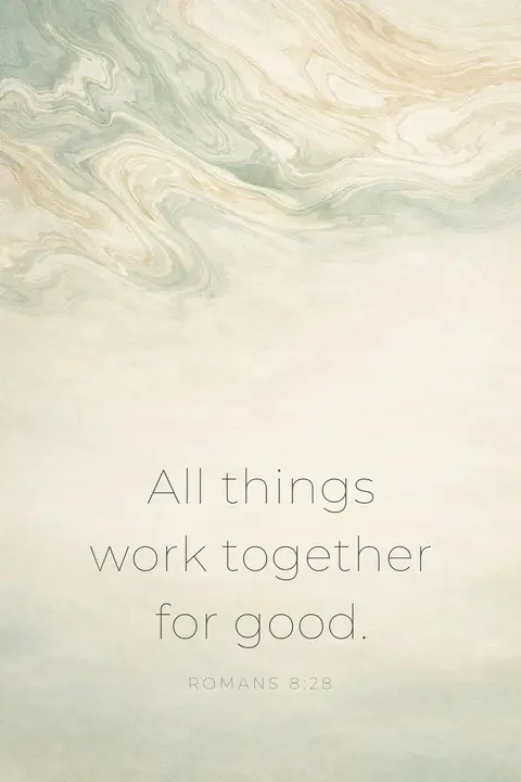 Bible verse wallpaper with Romans 8:28 in thin sans type over marbled sage and cream paper