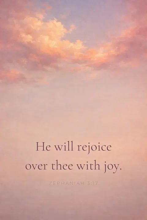 Bible verse wallpaper with Zephaniah 3:17 in serif type over pink and gold sunset clouds