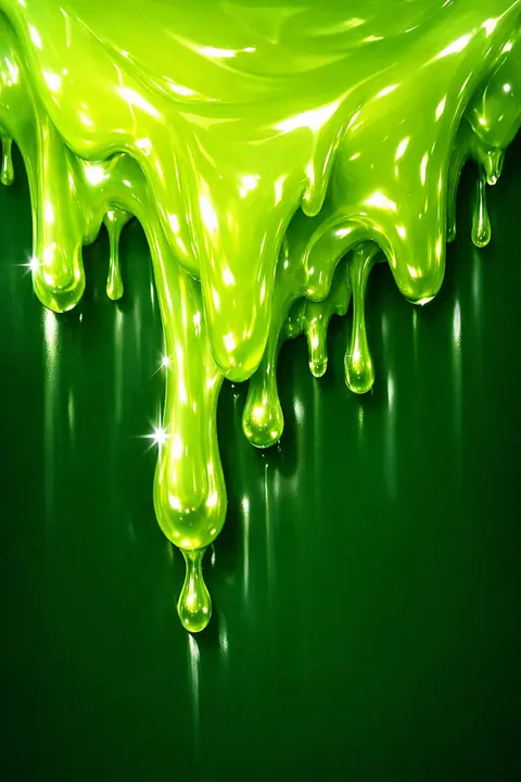 Y2K wallpaper of glossy lime green slime pouring over a deep green background with sharp highlights