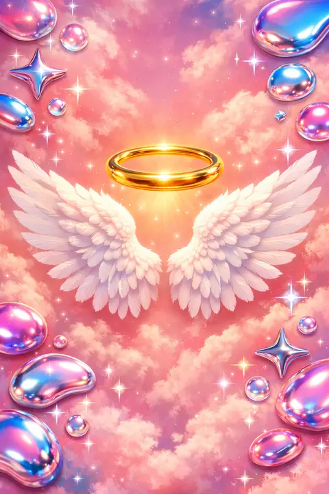 Y2K wallpaper of a golden halo above soft white feathered wings on airbrushed dusty rose clouds