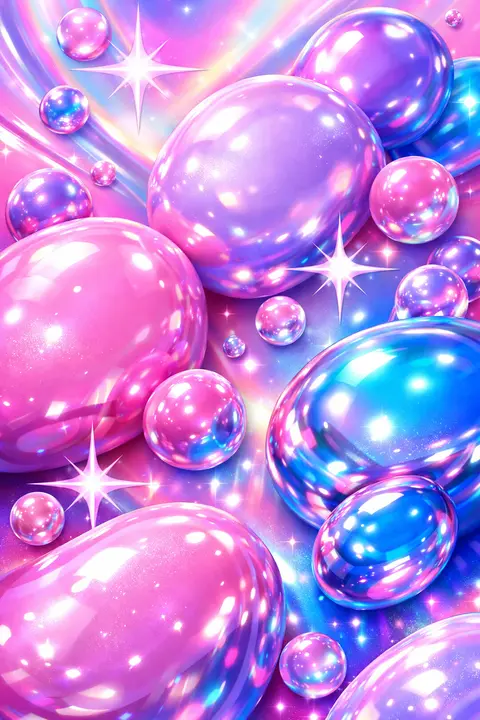Y2K wallpaper of glossy 3D bubbles in pink, lilac and cyber blue
