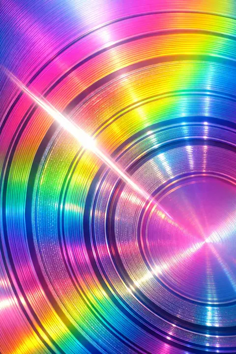 Y2K wallpaper of a compact disc surface in close up with concentric rainbow diffraction bands