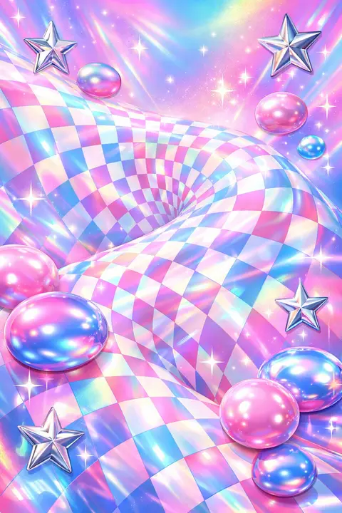 Y2K wallpaper of a warped checkerboard wave in holographic pastels