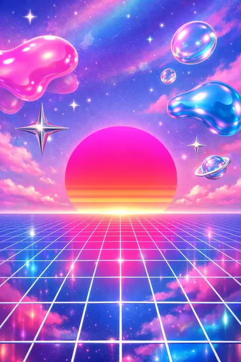 Y2K wallpaper of a neon wireframe grid horizon under a magenta sun in a starry retro sky, composed wide for a laptop screen