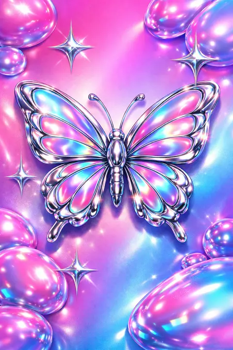 Y2K wallpaper of a chrome cyber butterfly with iridescent wings