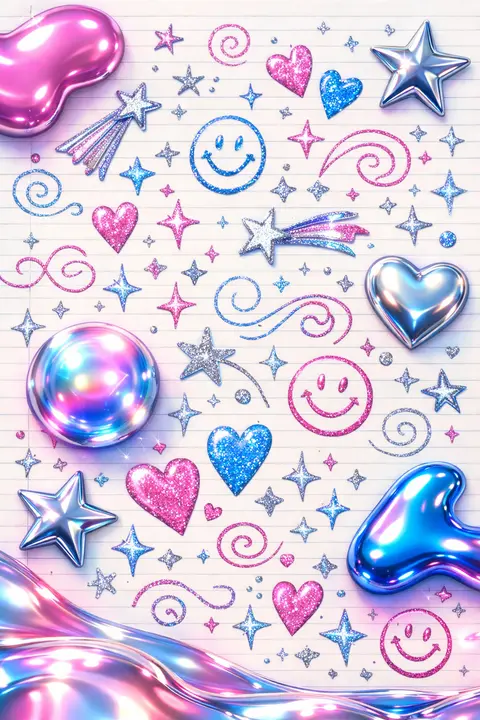 Y2K wallpaper of glitter gel pen doodles, smileys, hearts and swirls on pale notebook paper