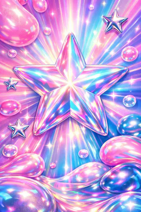 Y2K wallpaper of a giant holographic star with iridescent rays