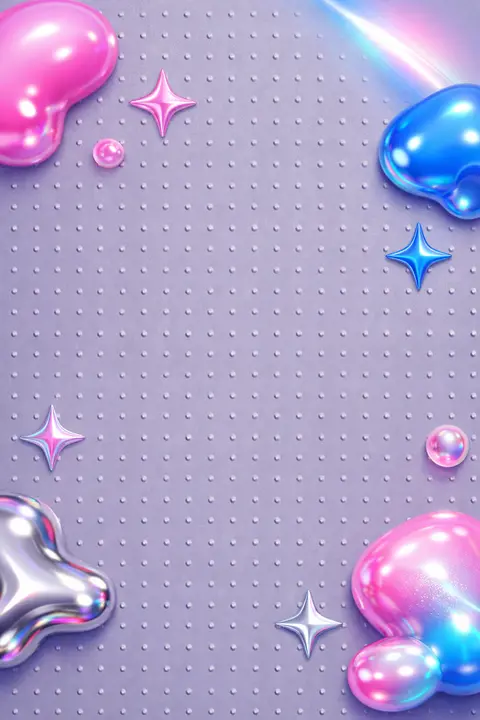 Y2K wallpaper of an embossed silver dot grid on a lilac grey field, with chrome blobs and stars pushed out to the edges