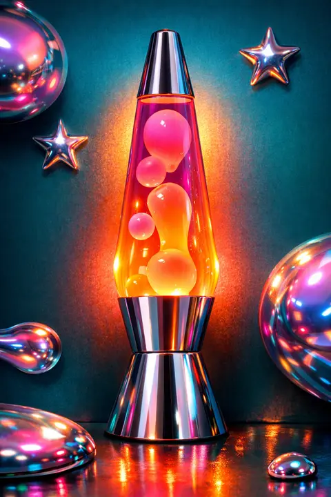 Y2K wallpaper of a glowing lava lamp with orange and pink blobs against a deep teal wall