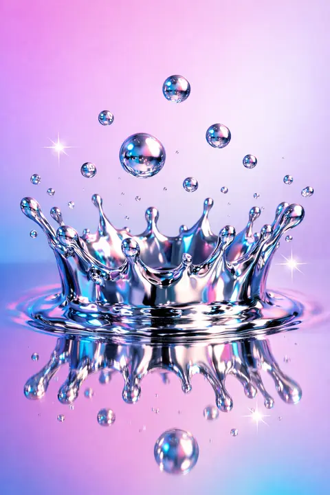 Y2K wallpaper of a liquid mercury splash crown frozen mid impact with droplets flying above a mirror surface