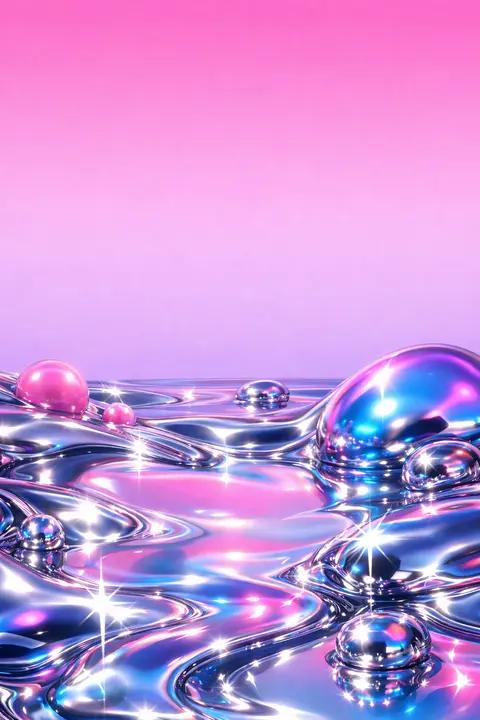 Y2K wallpaper with liquid chrome across the lower half and a clear pink gradient at the top for the clock