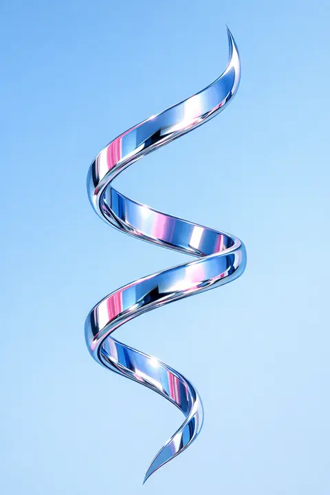 Y2K wallpaper of a single chrome swirl ribbon on a flat pale blue field with wide empty space
