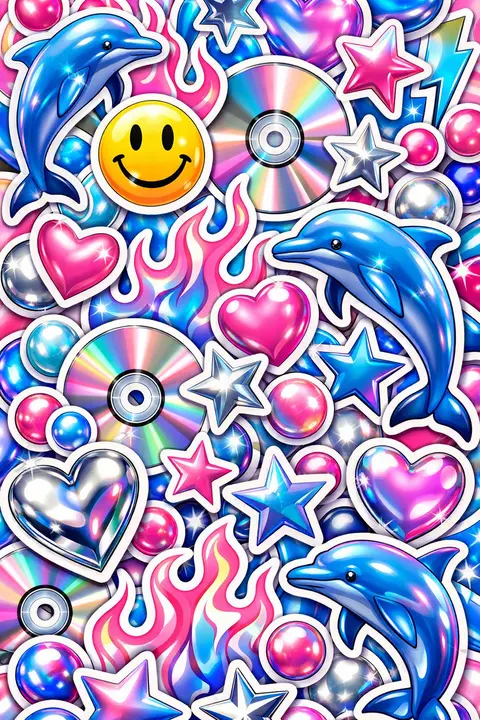 Y2K wallpaper of a packed collage of glossy stickers with flames, smileys, dolphins and discs
