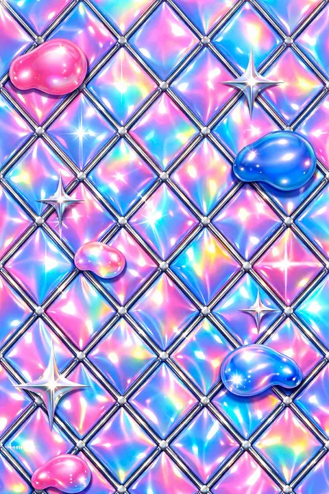 Y2K wallpaper of large iridescent diamond tiles, each one catching a different rainbow reflection
